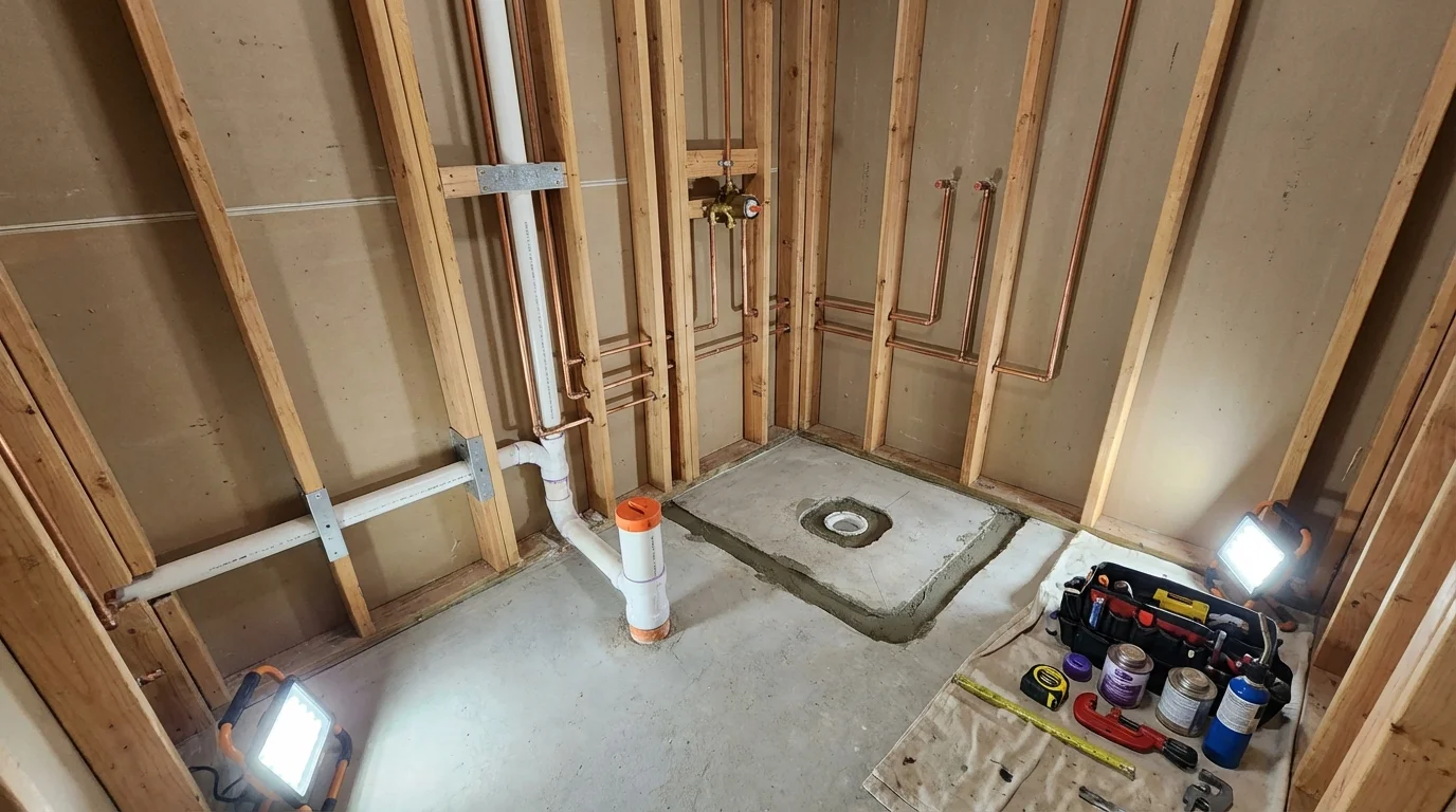 Bathroom rough-in plumbing during remodel by Johns Plumbing LLC in Pierce City