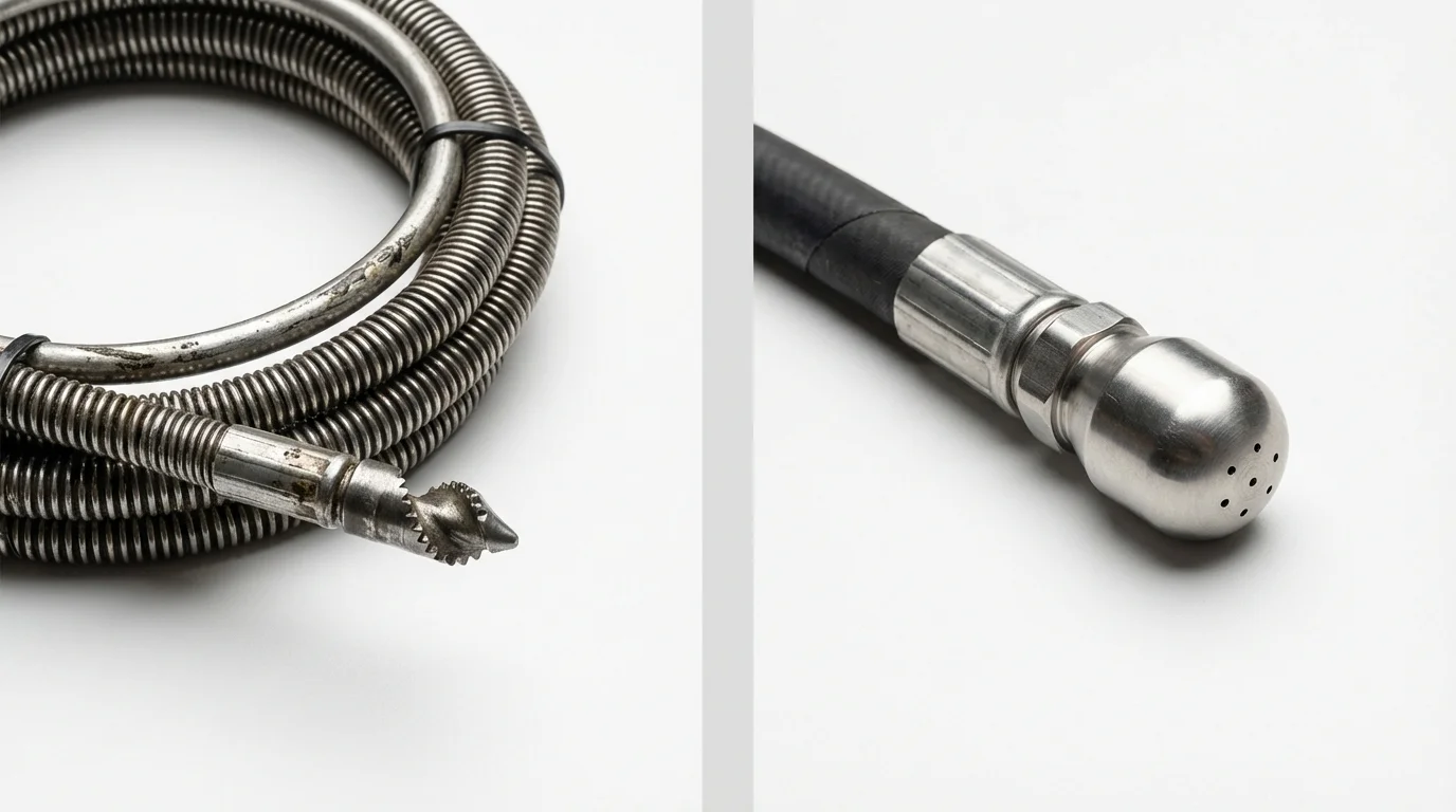 Drain snake cable and hydro jetting nozzle used for drain cleaning in Pierce City, MO