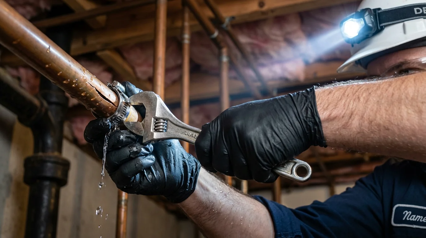Emergency pipe clamp repair being performed by a Johns Plumbing LLC plumber in Pierce City