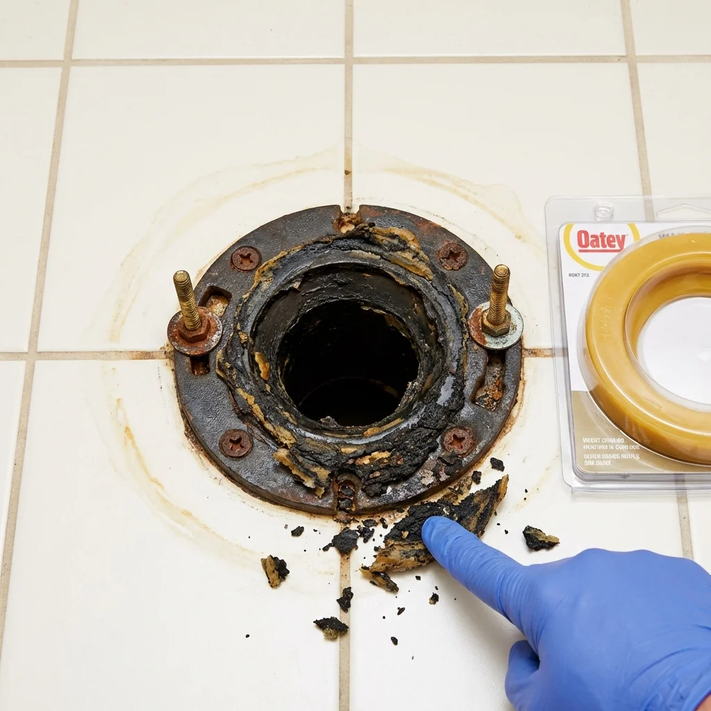 Failed wax ring showing water seepage at the base of a toilet in a Pierce City, MO home