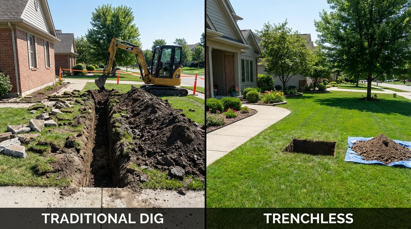 Trenchless sewer repair with minimal yard damage versus traditional excavation in Pierce City, MO