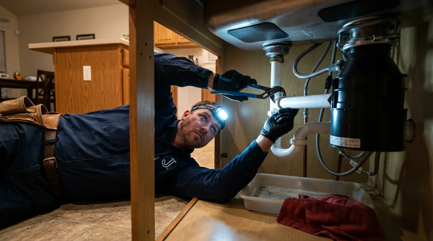 P-trap and supply line connections under a kitchen sink showing a common leak point in Pierce City, MO
